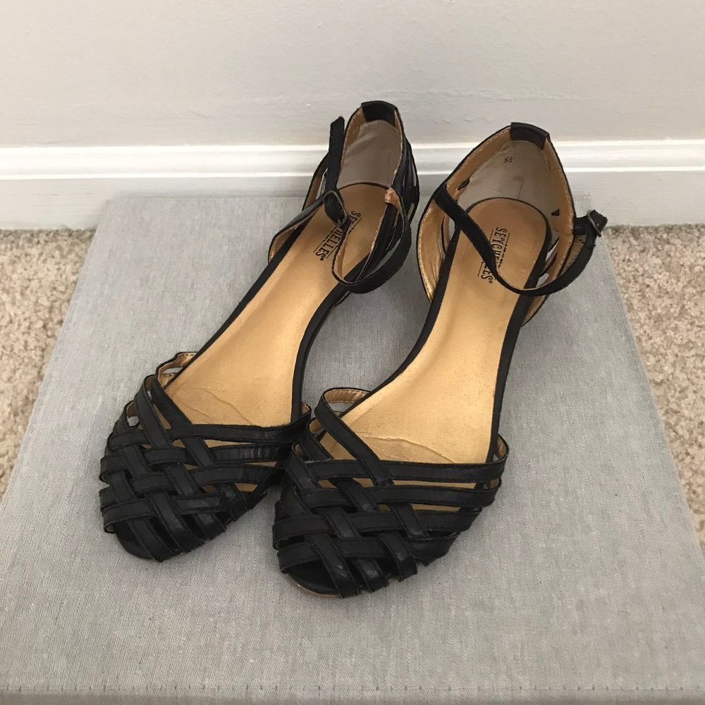 Seychelles Black Leather Woven Ankle Strap Heels